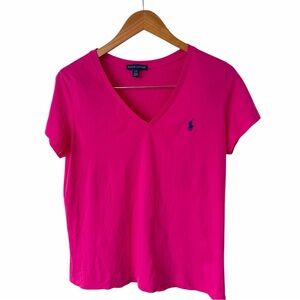 Ralph Lauren Pink V-Neck Tee Size Large Pony Logo